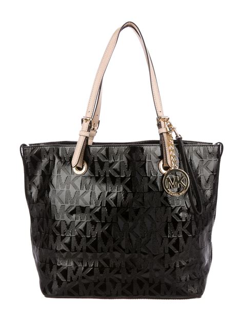 michael kors patent leather black logo tote|Michael Kors.